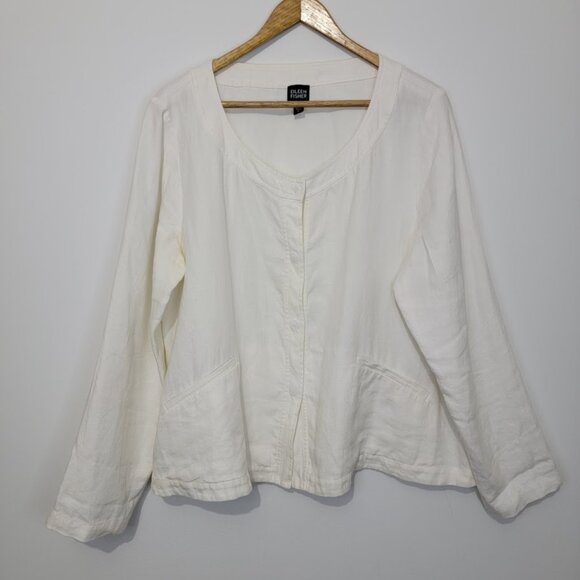 Eileen Fisher Jackets & Blazers - Eileen Fisher White Linen Jacket Sz L Button Up Long Sleeve Pockets Lightweight
